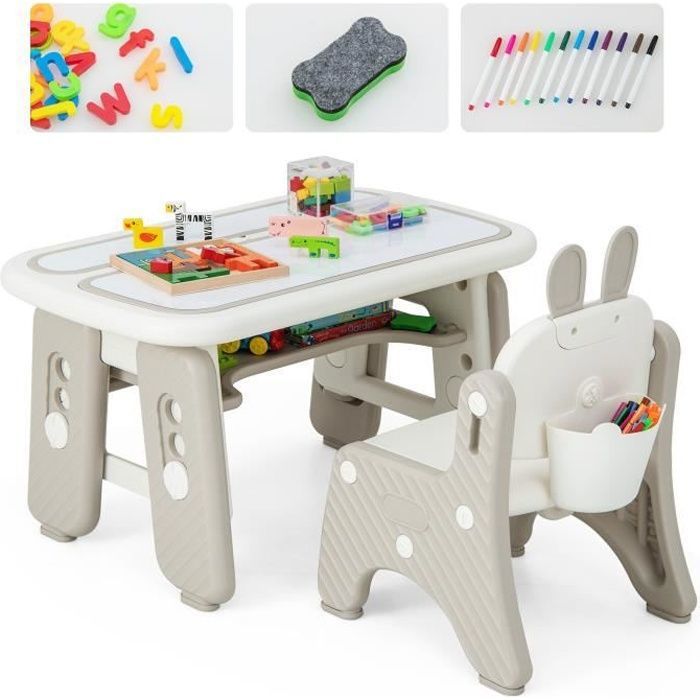 COSTWAY Ensemble Table et Chaise Enfant 39 Accessoires - 2 Planches à Dessin Magnétique Effaçable Étagère de Rangements 1-12 ans