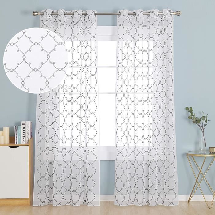 Rideaux Voilage Blanc Deconovo - Lot De 2 Avec Œillets - Motif Géométrique - 140x260 Cm - Pour Salon & Chambre