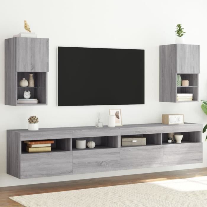 Ensemble Meuble TV 3 Pièces Avec Lumières LED, Couleur Chêne Fumé, Neuf