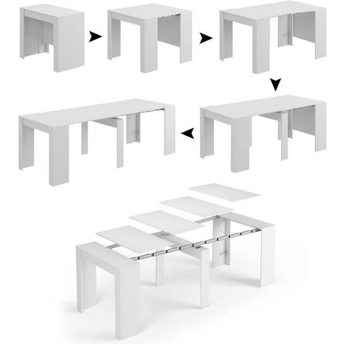 Dmora Table console Dboc Table à manger extensible avec rallonges et extensibles jusquà 10 places 51-237x90h78 cm Blanc brillant