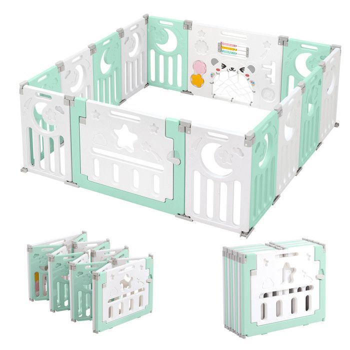Parc Bébé 12+2 Panneaux, Parc Bebe Modulable Plastique, Parc Bebe 150×150CM avec Porte,Parcs Enfant XL avec Panneau d'activité, Vert