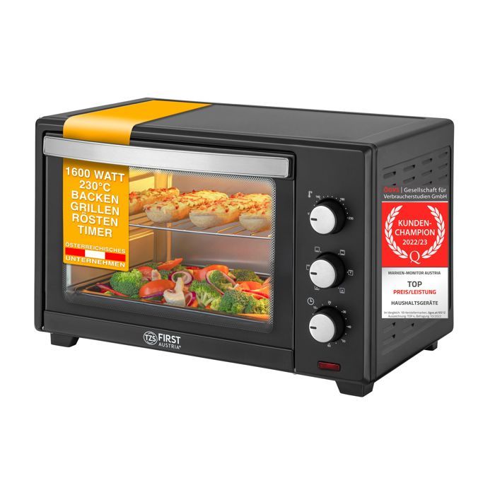 Mini Four Electrique 35L 1600W Four Posable à Convection avec Minuteur 0-60 min Grille et Plaque de Four 100-230°C - Tzs First Austria