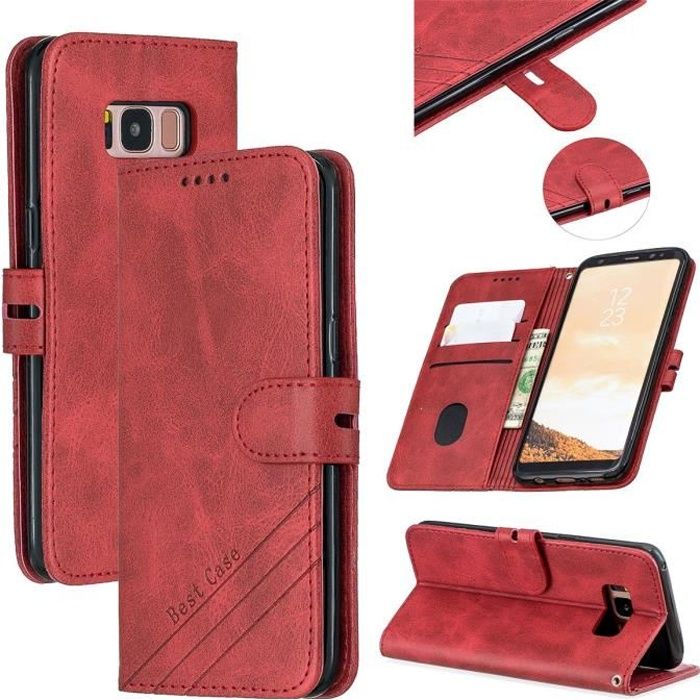 Haute Qualite Housse pour Samsung Galaxy S8 Plus G955F Housse de Protection PU Cuir Antichoc Pochette Etui Galaxy S8 6.2 Rouge