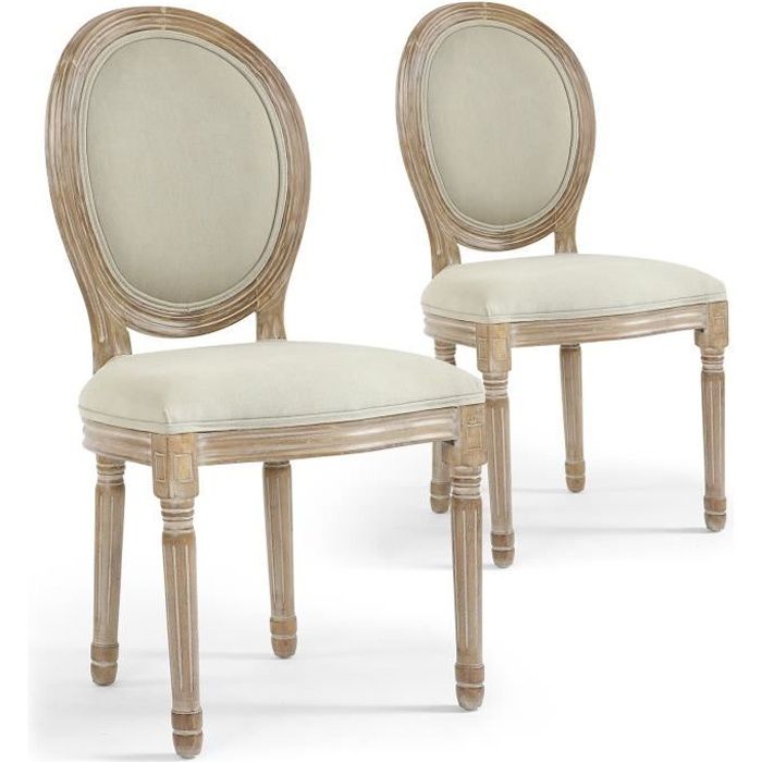 chaises médaillon louis xvi menzzo - lot de 2 - tissu beige - bois cérusé