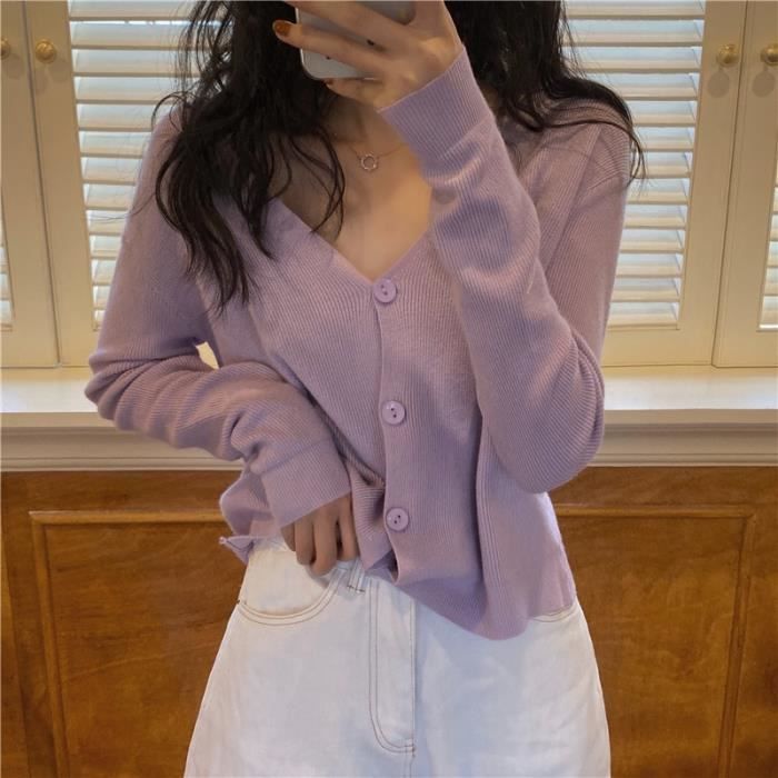 PULL Cardigan a manches longues pour femme veste en maille col en V couleur unie Style coreen ete 2020 Type Violet Blanc Cdiscount Pret a Porter