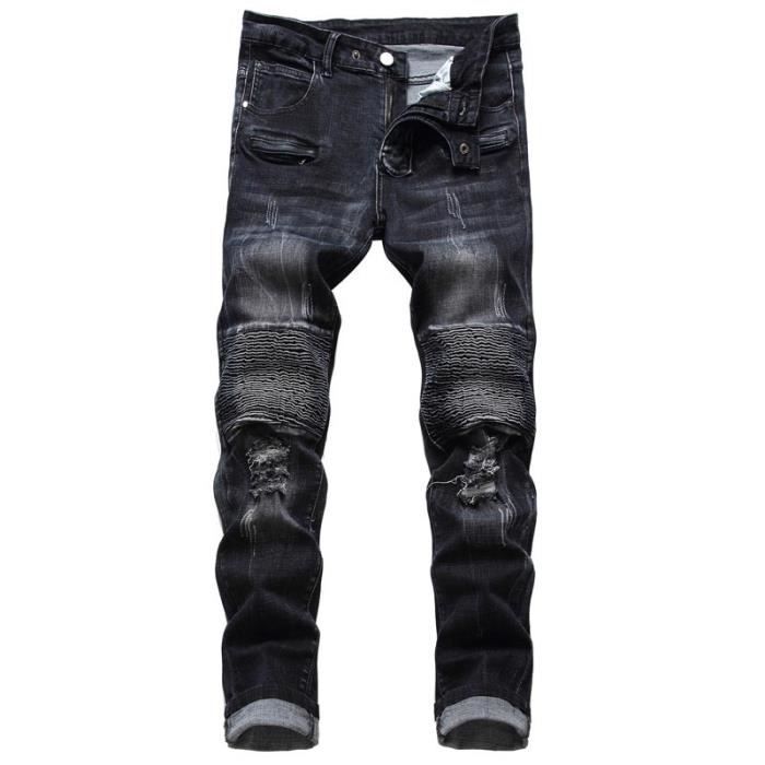 Jean Noir Dechiré Homme Copue Droite Stretch Plissé Casual 5 Poches ...