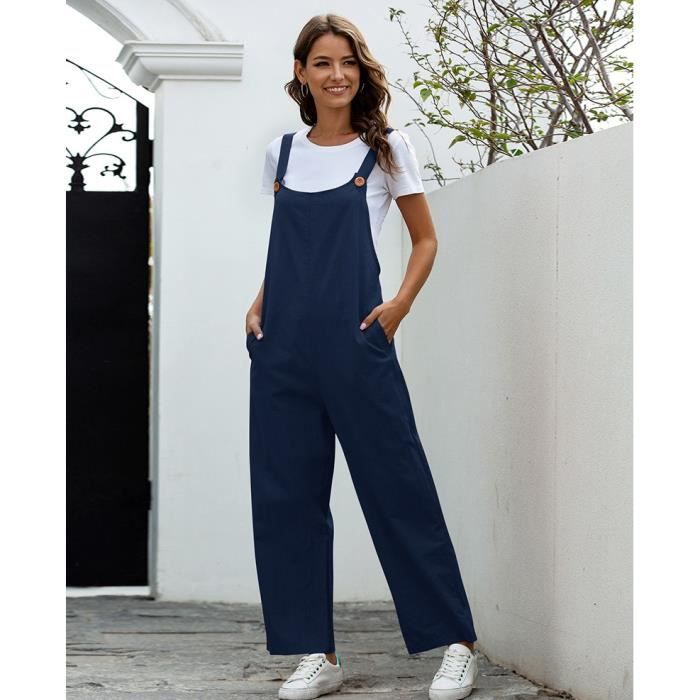 Femmes couleur unie Pantalon Salopette en Coton Combinaisons Combishort avec Poches Bleu