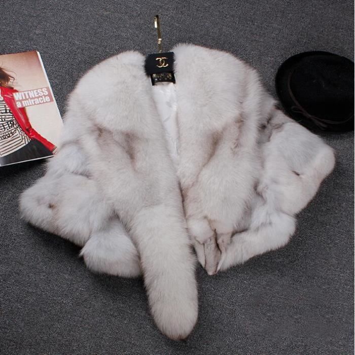 Manteau Fourrure Renard Gris Et Blanc - Taille XL, Col Châle, Doublure Soie Et Coton, Neuf