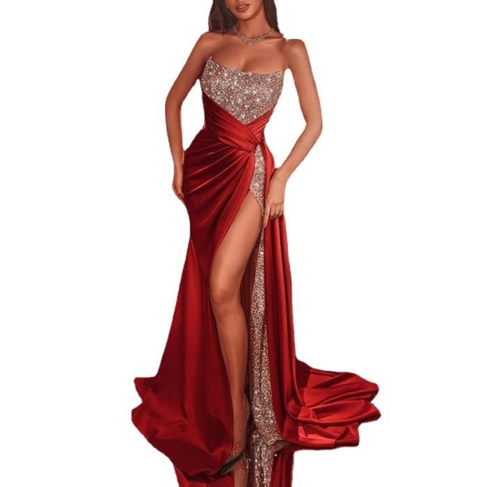 Femmes Robe Fendue Longue Robes de soiree formelles de Moulante sans Bretelles Maxi Robes de demoiselle d honneur Rouge Rouge Cdiscount Pret a Porter