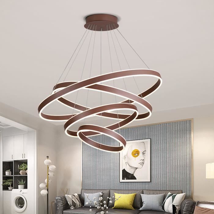 100w moderne suspension led dimmable avec telecommande lustre original 4 anneau brun salle a manger eclairage interieur salon cdiscount maison