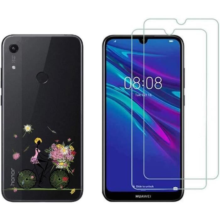 Coque et protections écran - Huawei - Y6 2019 / Honor 8A - Silicone souple - Motif imprimé - 2 verres trempés