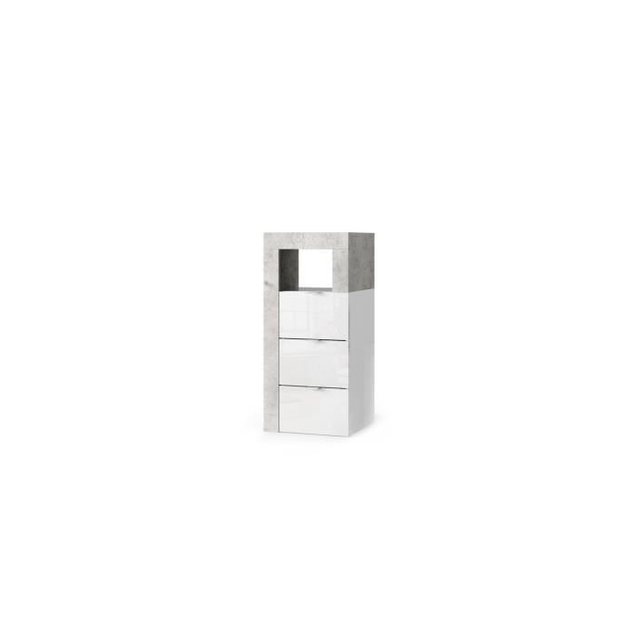commode de salle de bains large 35cm - price factory - bura - 3 tiroirs - blanc brillant et gris aspect béton