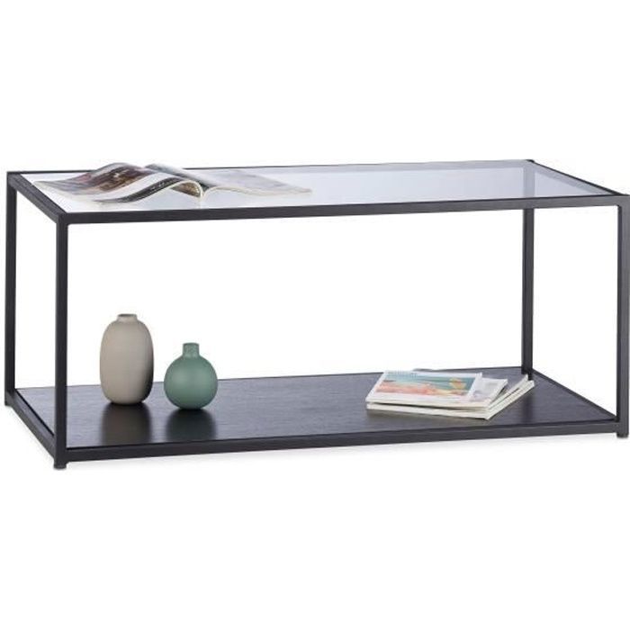 Noir 42 x 100 x 50 cm Relaxdays Basse en Verre Rectangulaire Cadre en Métal Panneau vitré Surface Table de Salon HLP 42x100x50cm