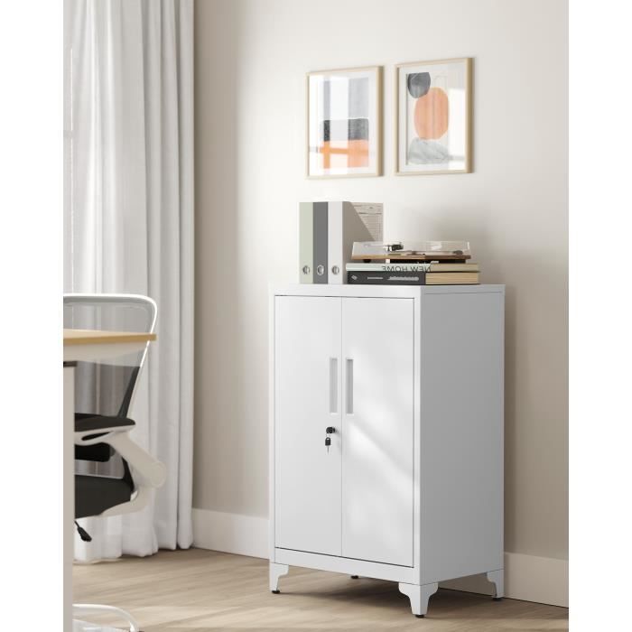 Armoire de bureau à 2 Portes Verrouillable en Acier pour Bureau Salon Blanc Mat Armoire de bureau à 2 Portes Verrouillable en Acier pour Bureau Salon Blanc Mat