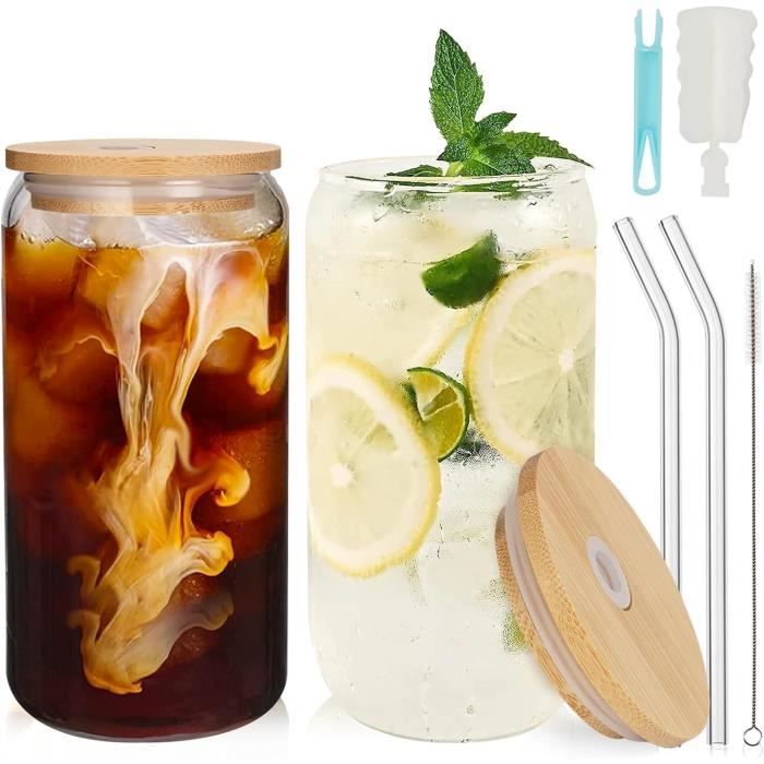 Lot De 4 Verres à Boire 500 Ml Avec Couvercle Bambou Et Paille En Verre - Verre Borosilicate (résistant Chaud/froid) - Écologique - 7
