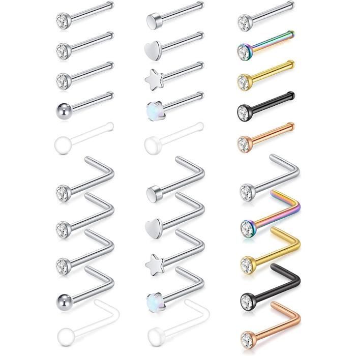 WillTen 20G Piercing Nez L Forme Acier Chirurgical Diamant Nostril Piercing Bijoux CZ Coeur