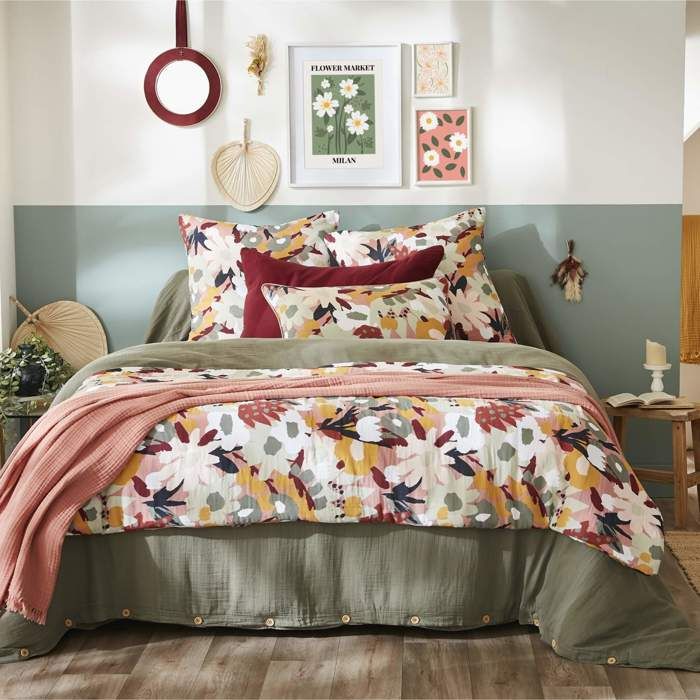 Couvre-lit gaze de coton imprimé printemps 90x200 cm - Rose - Terre de Nuit