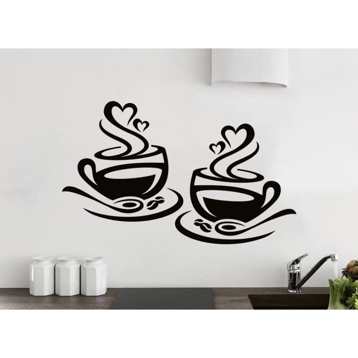 Autocollant Mural Vinyle 2 Tasses De Café - Déco Cuisine, Salon, Restaurant - 220x290 Mm