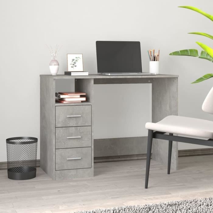 Bureau - VIDAXL - 102x50x76 cm - Gris béton - 3 tiroirs - Bois dingénierie