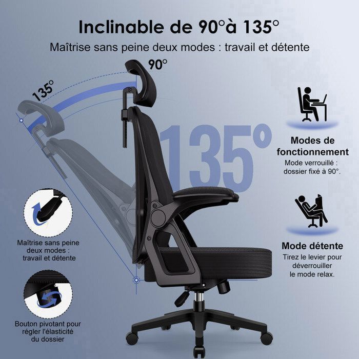 Chaise De Bureau Ergonomique DEVAISE – Dossier Maille, Soutien Lombaire Réglable, Accoudoirs Rabattables | Pour Télétravail, Bureau, Gaming | Charge Max 136 Kg - 4