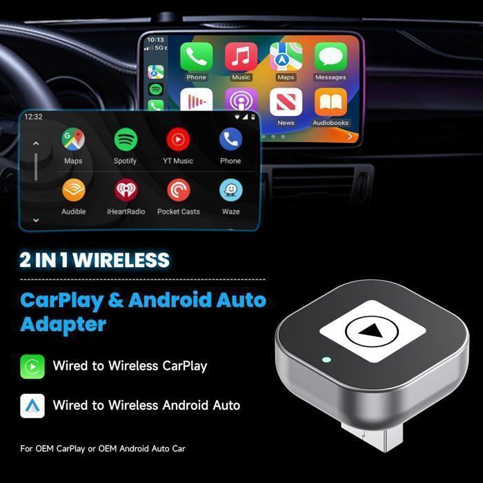 Adaptateur CarPlay & Android Auto Sans Fil 2-en-1 - Double Connecteur USB-C/USB-A - Plug & Play Pour Voitures Compatibles (iOS 10+/Android 11+) - 5