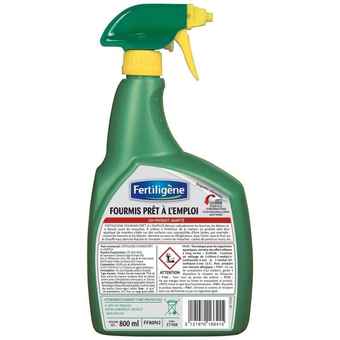 FERTILIGENE FF80N2 Pulvérisateur Anti-Fourmis Prêt à L'Emploi 800 Ml - Protection 2 Mois