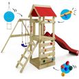 WICKEY Aire de jeux Portique bois FreeFlyer avec balançoire et toboggan rouge Maison enfant extérieure avec bac à sable-2