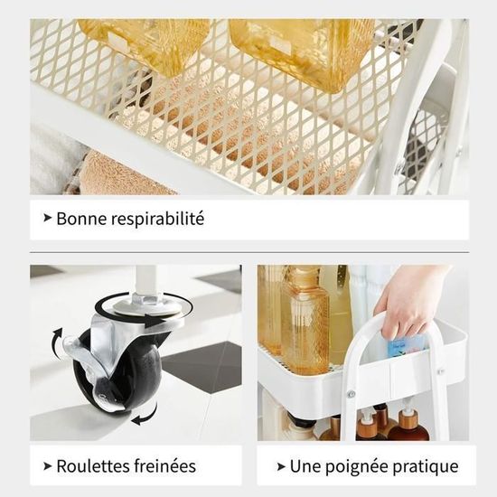Chariot De Rangement Roulant 3 Niveaux - Dimensions 69x33x22 Cm - En Métal/ABS - Pour Cuisine, Bureau, Atelier