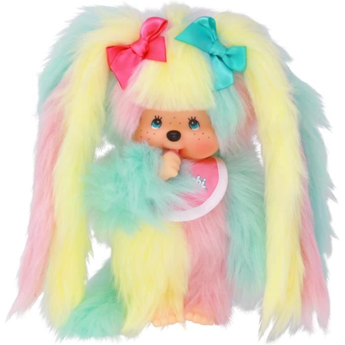 Peluche Monchhichi Original Fille - 20cm - T-shirt Arc-en-Ciel Et Sac - Peluche Singe Collection - Cadeau Enfant