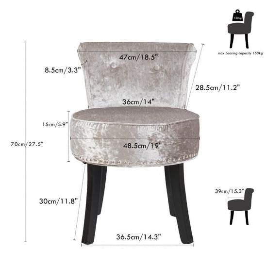 Chaise De Coiffeuse Avec Dossier - Cadre Bois Et Simili Cuir, Rembourrage éponge, Pour Salle De Maquillage Ou Dressing