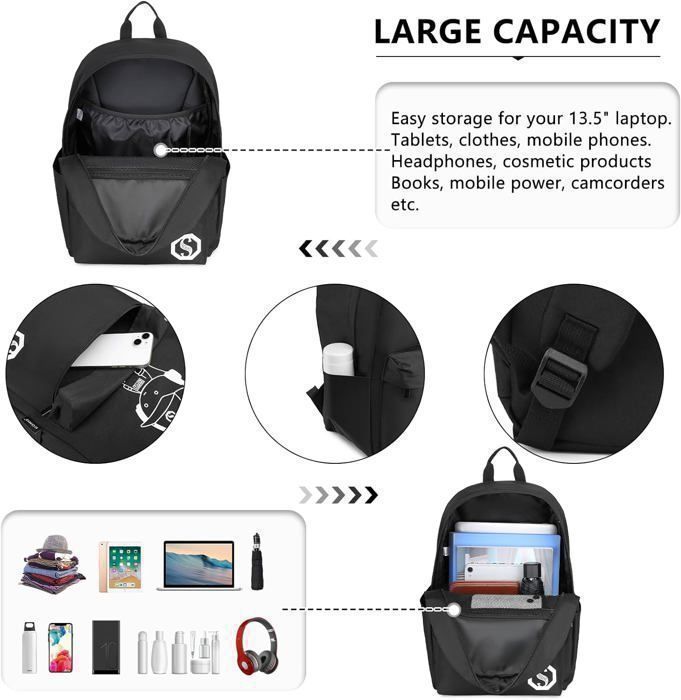 Sac à Dos Pliable Ultraléger Et Étanche - 39x29x18 Cm - Idéal Pour Voyage, Bureau, École - Capacité Ordinateur 15,35 Pouces - Noir