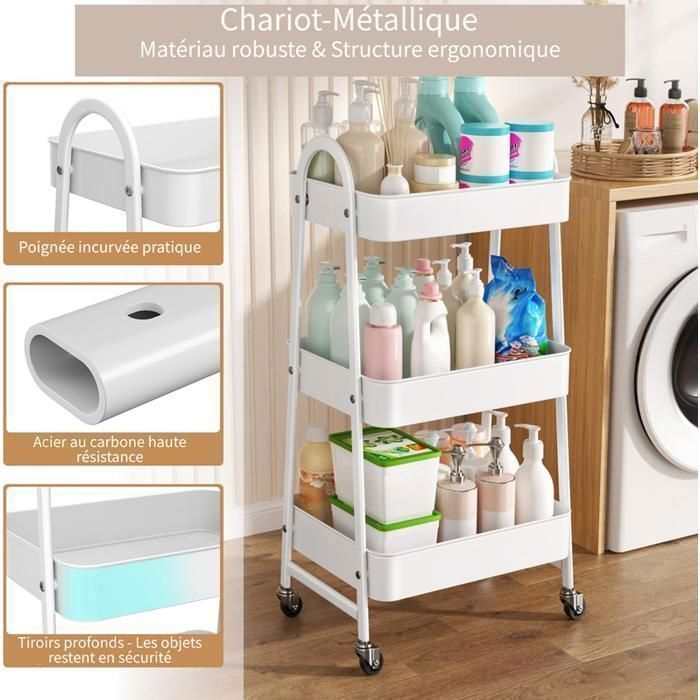 Chariot Rangement 3 Niveaux Chariot De Rangement à Roulettes De 69 X 33 X 22 Cm, Chariot De Chariot à Linge Roulant Chariot Rangement 3 Niveaux Chariot De Rangement à Roulettes De 69 X 33 X 22 Cm, Chariot De Chariot à Linge Roulant