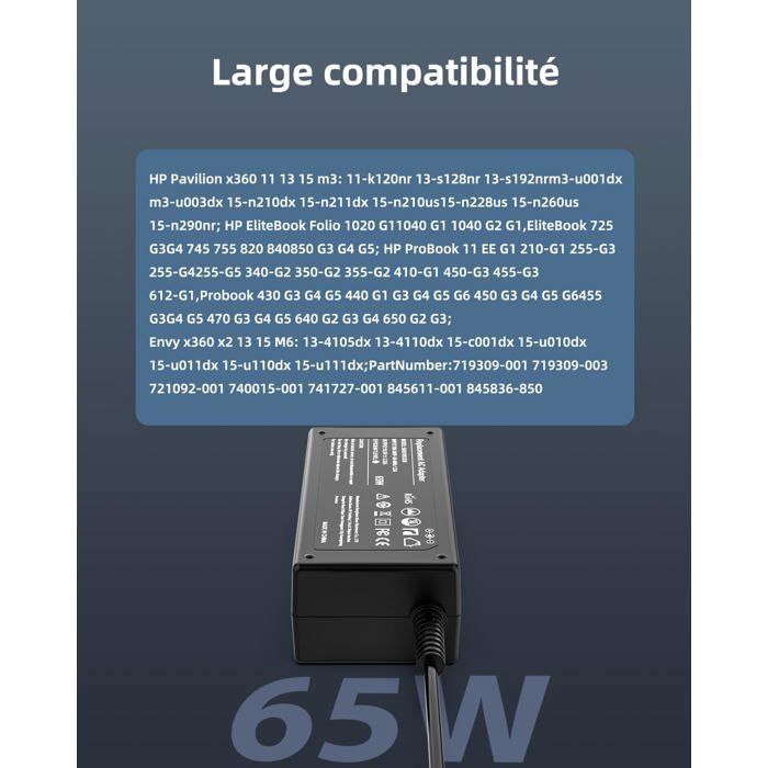Chargeur 65W 19.5V Pour PC Portable HP Elitebook, Probook, Pavilion - Marque Syfrufo - Neuf 2 Ans Garantie