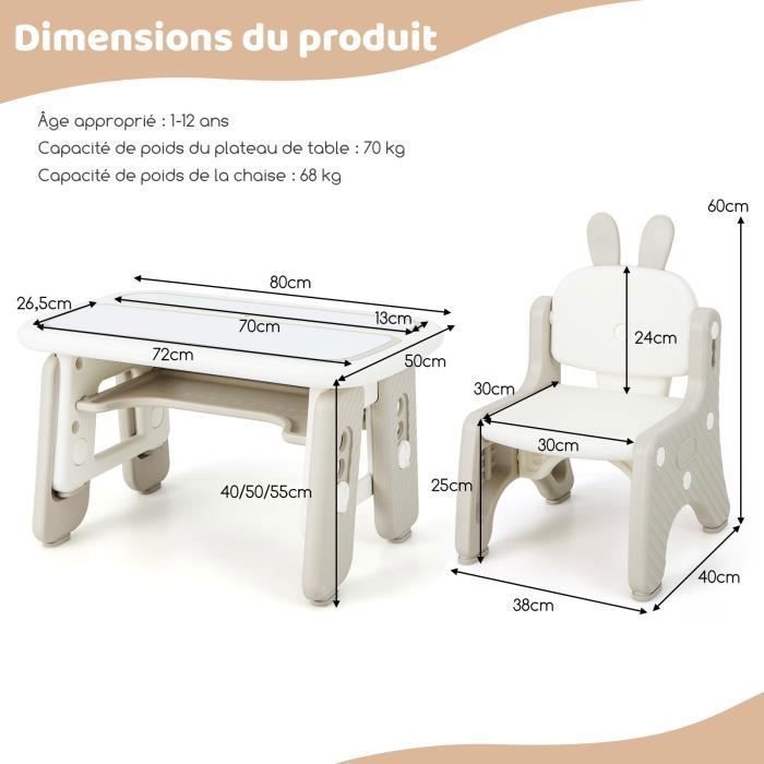 Table Enfant COSTWAY Avec Chaise Lapin - 3 Hauteurs Réglables, Surface Magnétique, 68kg Charge