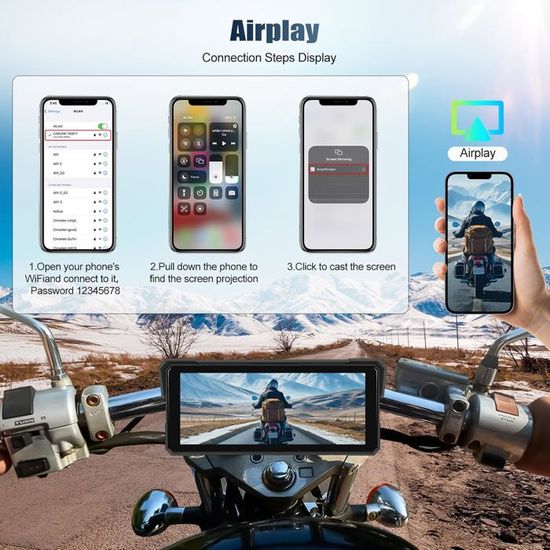 CAMECHO CarPlay Sans Fil Moto 6.25" – Écran Tactile Étanche IP67 + Dashcam Avant/Arrière + Android Auto + Bluetooth Siri