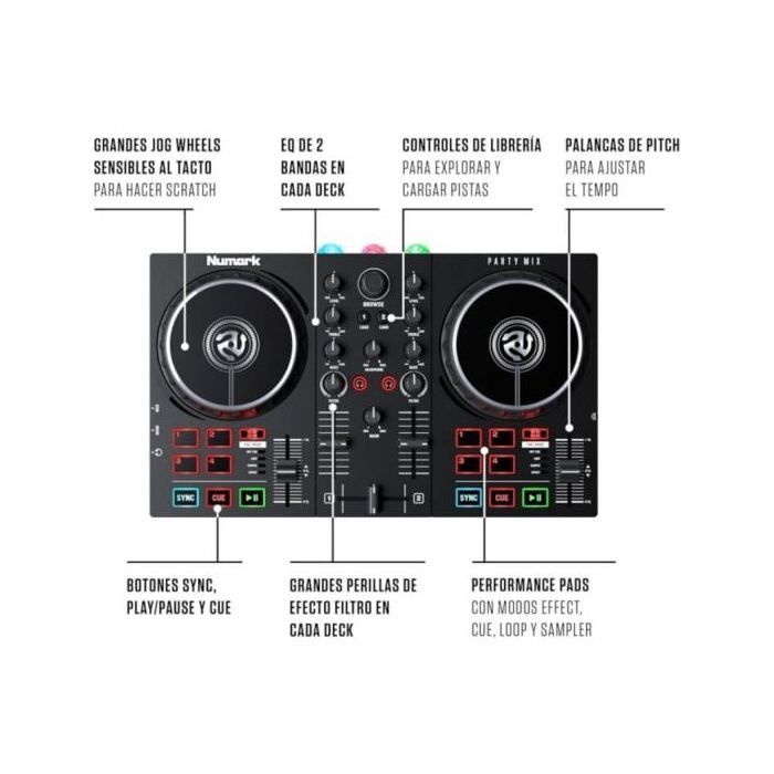 Contrôleur DJ Numark Party Mix 2 - 2 Voies, 8 Pads, Carte Son Et Lumière Intégrées