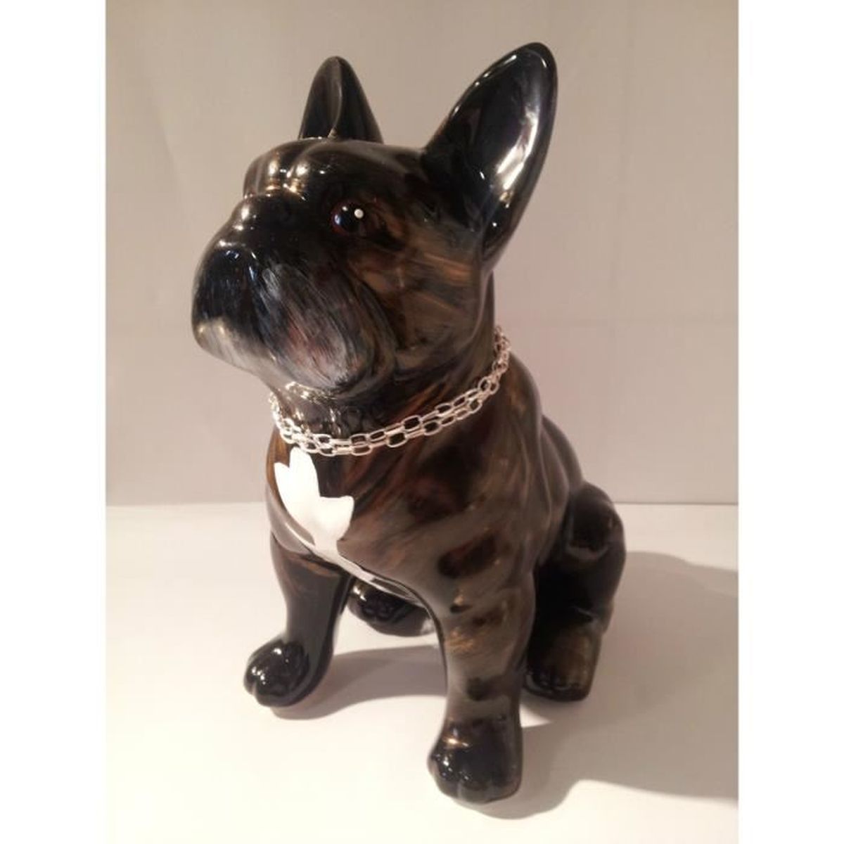 hauteur 30 cm Grande statue de Bouledogue Français en céramique argentée