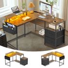 NHHF Bureau Gaming en Forme L-120x120x75 CM-Bureau d'Angle avec Étagère Rangement-Avec Support de Moniteur-2 USB-3 Prises-Marron