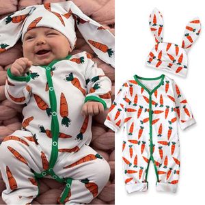 PYJAMA 0-24 Mois Pyjama Nouveau-né Vert et Orange Bébé Garçon Grenouillère Combinaison Manches Longues Carotte Imprimé avec Bonnet Lapin