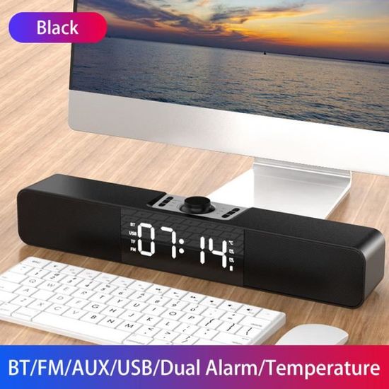 Barre De Son Bluetooth Avec Réveil Et LED - Radio FM, Entrée Audio - Batterie Intégrée 1500mAh - Pour TV, Maison, Bureau - Noir