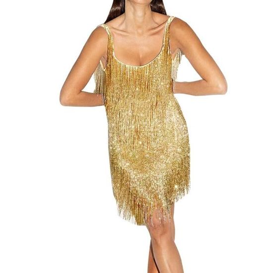 Robe Danse Tango Latine Femme - Paillettes Brillantes à Franges - Robe Soirée Cocktail Salon Salsa Rumba Samba