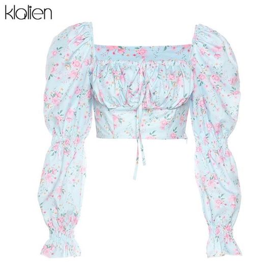 Chemisier Femme Pied-de-poule - Col Carré, Manches Bouffantes, Tissu Stretch, Style Décontracté Chic