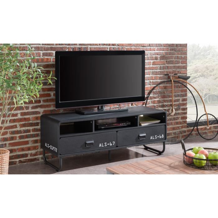 Meuble TV / Meuble salon - BROCK - 120 cm - noir mat - pieds métalliques - 3 niches - 2 tiroirs - style industriel - style loft