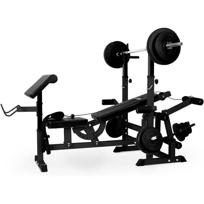 ks02 station de musculation fitness multifonction (pupitre à curl, butterfly, porte-haltères, câbles détirement avec banc pou