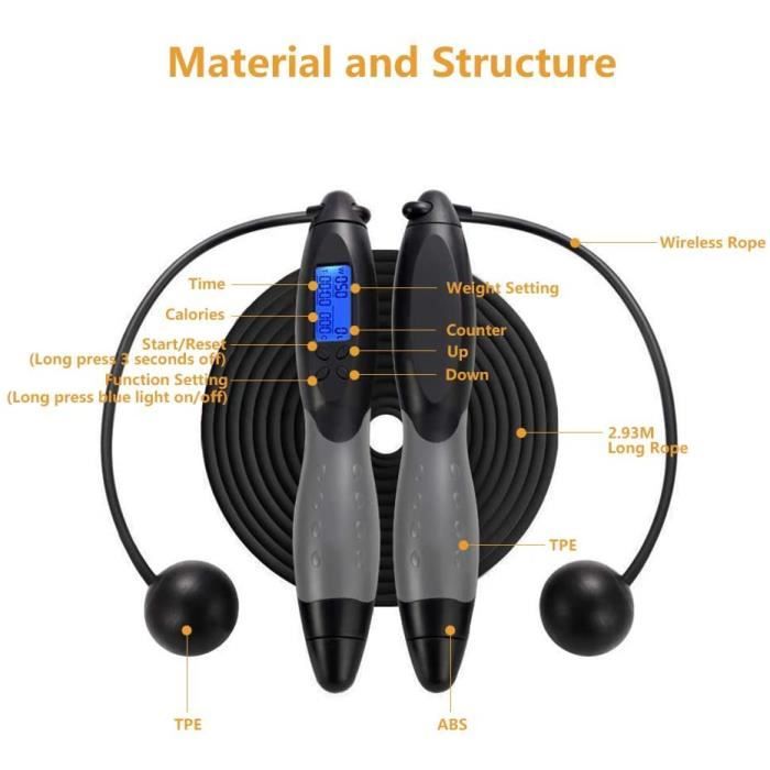 Hianjoo Corde agrave Sauter sans Fil, Corde agrave Sauter sans Corde R eacute glable avec Compteur et Compteur de Calories avec
