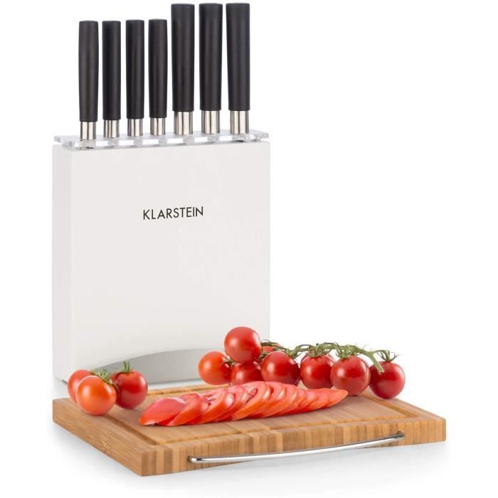 KLARSTEIN Kitano Plus - Ensemble de Couteaux, 9 pièces avec Bloc en Bois, Planche à découper en Bambou, 7 Lames de précision, Design