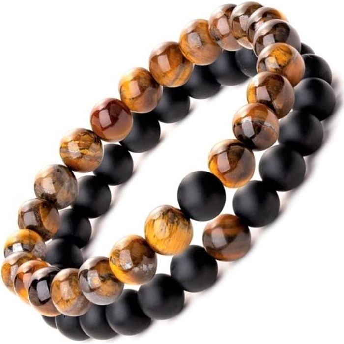 Be Happy with Happy Products Bracelet Homme Perle Pierre Naturelle Zen Femme Couple Onyx et Œil de Tigre Garantie 24 Moi 15924
