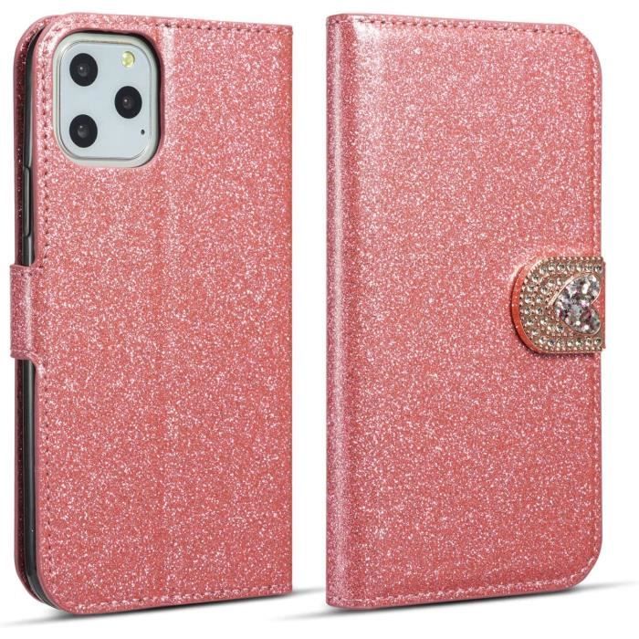 étui portefeuille iPhone 11 Pro, paillettes [fermeture magnétique] Cuir PU Portefeuille [boucle en losange] [emplacemerose