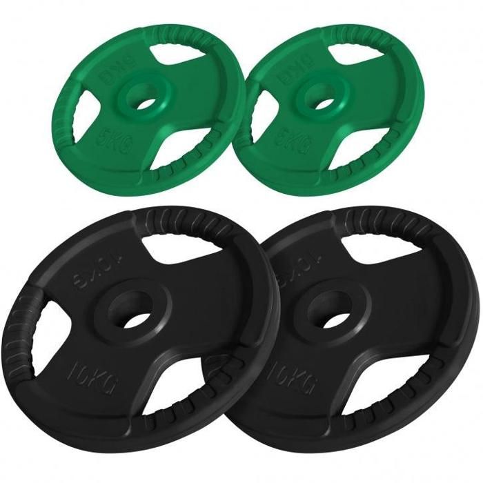 Lot de 2 x 5 kg et 2 x 10 kg en caoutchouc grip, diamètre olympique 51 mm
