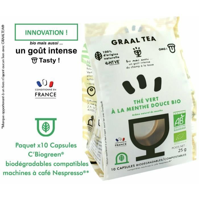 GRAALTEA THÉ VERT A LA MENTHE DOUCE Bio en capsule biodégradable compostable compatible Nepresso*- Arôme naturel de menthe - 1